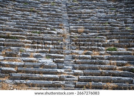 Close-up view of weathered stone steps in a greek amphitheater, showing the effects of time and nature reclaiming the historical structure, with weeds growing between the stones