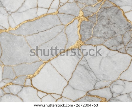 A close-up view of a white marble surface featuring intricate gold veins and delicate crack patterns, creating a luxurious texture.