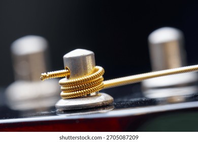 Closeup view of winded new string onto a guitar tuner. Part of musical string instrument. Detail of acoustic guitar.