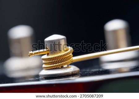Closeup view of winded new string onto a guitar tuner. Part of musical string instrument. Detail of acoustic guitar.