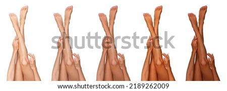 Closeup view of woman with beautiful legs on white background, banner design. Collage showing stages of suntanning