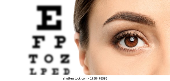 Closeup View Of Woman And Blurred Eye Chart On Background, Banner Design. Visiting Ophthalmologist 