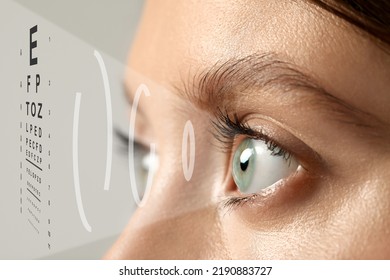 Closeup view of woman and eye chart illustration. Visiting ophthalmologist - Powered by Shutterstock