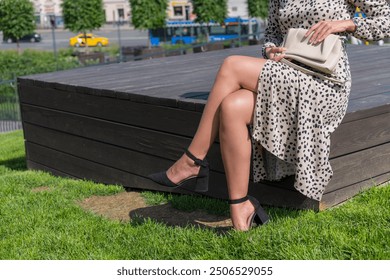 Close-up view of woman in leopard print dress and black high heels sitting on wooden bench and holding small beige blank handbag. Soft focus. Copy space. Fashion business theme. - Powered by Shutterstock