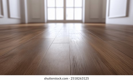 A close-up view of a wooden floor in a bright room, showcasing the texture and grain of the wood. Natural light streams in through large windows, illuminating the space and creating a warm atmosphere. - Powered by Shutterstock