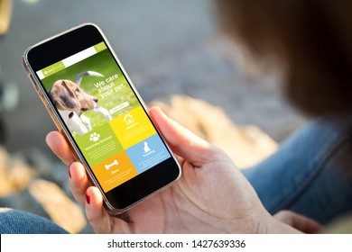 Close-up View Of Young Woman Browsing Pet Website On Her Mobile Phone. All Screen Graphics Are Made Up.