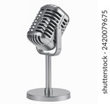 Closeup vintage retro style microphone silver or chrome color isolated clipping path on white background.