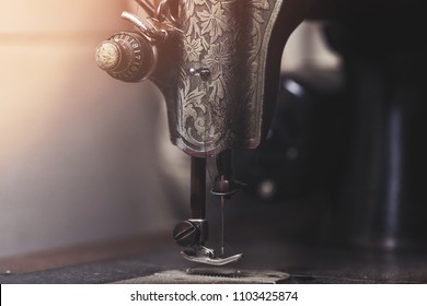 Closeup Vintage Sewing Machine, Vintage Style Concept. Tailoring Concept, Classic Sewing Machine. 