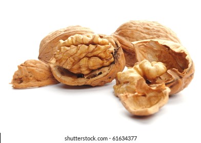 close-up of a walnut isolated on white background