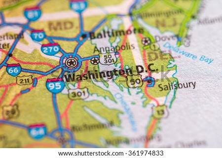 Closeup of Washington DC on a geographical map.