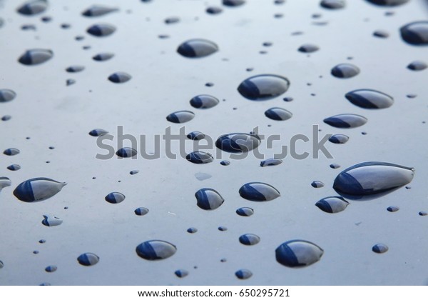 Closeup of Water Droplets from Rain on Blue\
Car Hood Reflecting the South Florida\
Sky