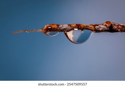 Closeup of water drops hanging on a thin branch - Powered by Shutterstock