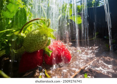 Close-up watering ripening strawberry on plantation in summer. Drops of water irrigate crops. Gardening concept. Agriculture plants growing in bed row. - Powered by Shutterstock