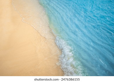 Closeup of waves sand beach and blue summer sea. Panoramic beach landscape. Mediterranean tropical shore seascape. Sunny water soft sand, calm, tranquil relax sunlight, summertime. Travel vacation - Powered by Shutterstock