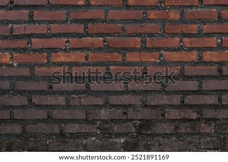 A close-up of a weathered brick wall with a mix of red and brown hues. The bricks are uneven and have a rough texture.