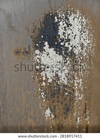 Close-up of weathered concrete surface with flaking white and blue paint, rust-colored stains, and rough pitted texture, ideal for industrial grunge backgrounds, posters, and web headers templates