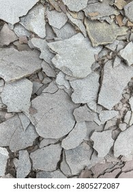 Close-up of weathered mudstone displaying thin fractured plates and polygonal desiccation crack patterns. The light gray sedimentary rock surface highlights natural weathering and drying processes commonly found in fine-grained deposits. Ideal for themes related to geology, sedimentology, earth science, weathering, stratigraphy, and natural rock textures
