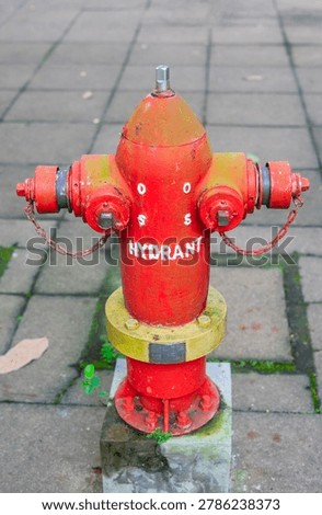 Close-up of a weathered red fire hydrant with metal chains standing on a tiled pedestrian walkway. A vital urban safety infrastructure detail. A classic red fire hydrant on a paved sidewalk.