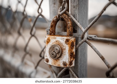 A close-up, weathered view of a rusty padlock attached to a metal post and chain-link fence.