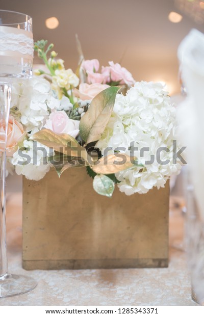 Closeup Wedding Reception Centerpieces White Ivory Stock Photo