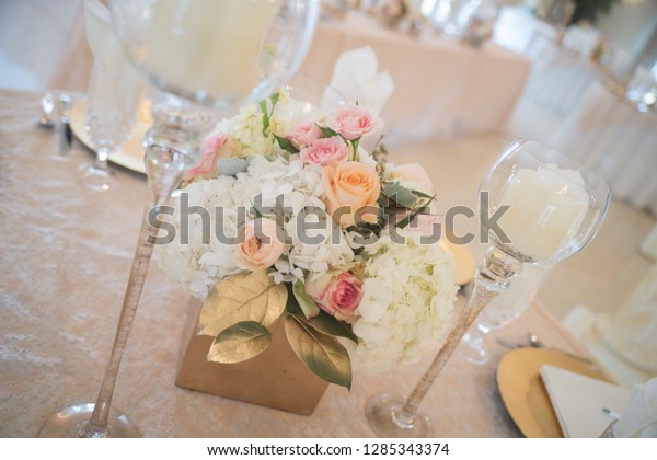 Closeup Wedding Reception Centerpieces White Ivory Stock Photo