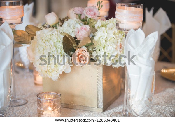 Closeup Wedding Reception Centerpieces White Ivory Stock Photo