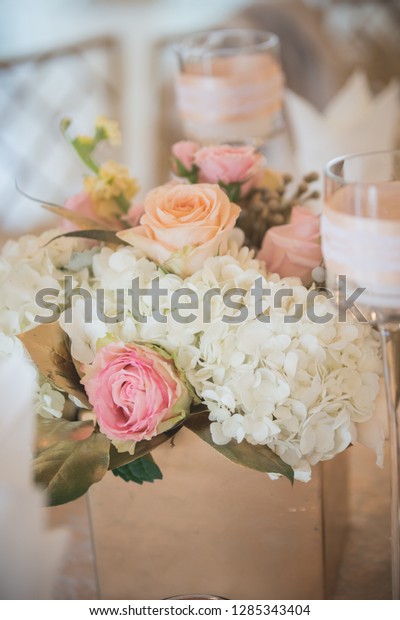 Closeup Wedding Reception Centerpieces White Ivory Stock Photo