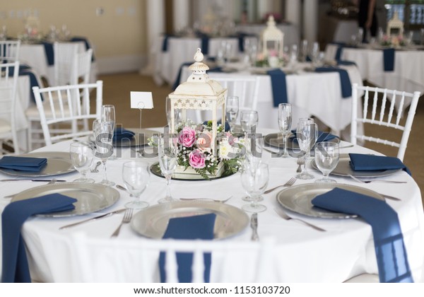 Closeup Wedding Reception Table Lantern Bouquet Objects