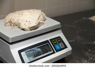 Close-up of weighing dough before baking bread. Craft bakery. Fast Professional Work of Bakers