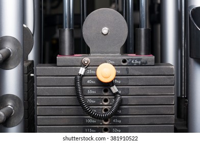 Closeup Of Weight Stack Equipment Of Weightlifting Machine In A Gym Center