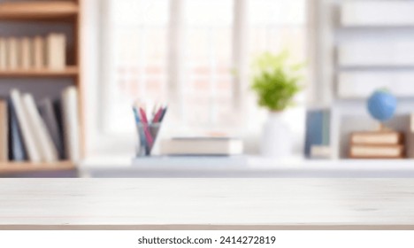 Close-up of a well-detailed white table and copy area in a hazy study space - Powered by Shutterstock