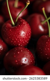 Primer plano de cerezas húmedas con gotas de agua.