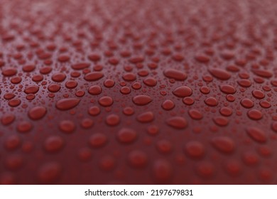 Closeup Wet Red Car Paint Surface With Hydrophobic Ceramic Coating, Shallow Focus