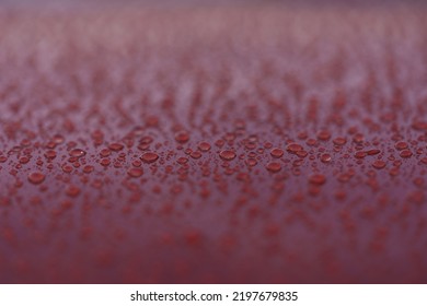 Closeup Wet Red Car Paint Surface With Hydrophobic Ceramic Coating, Shallow Focus