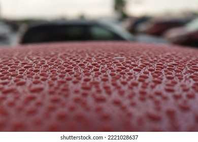 Closeup Wet Red Car Paint Surface With Hydrophobic Ceramic Coating