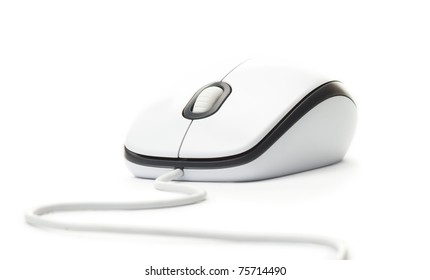 closeup white with black  computer mouse isolated on white background