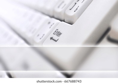 Close-up of the white computer classic keyboard with english and russian letters with copy space field