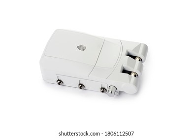 Closeup Of A White Door Electronic Lock, With Remote Keyless System, On A White Background