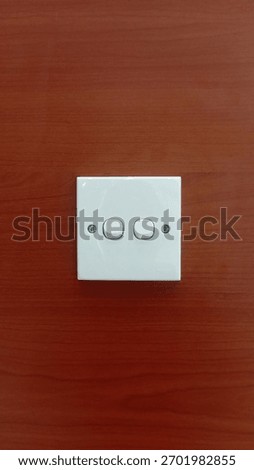 Close-up of a white double light switch mounted on a smooth wooden wall. The minimalistic switch design creates a clean, modern look suitable for themes related to interior design, home electrical sys