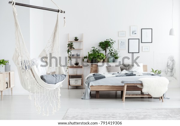 Closeup White Hammock Hanging Bright Bedroom Interiors