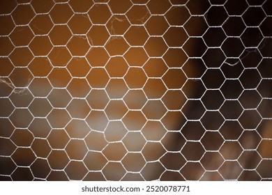 Close-up of white hexagonal wire mesh against a blurred brown background. Delicate honeycomb pattern with subtle variations in light and shadow, creating depth and texture across the frame.
