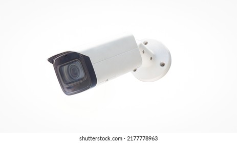 Closeup Of White Outdoor Type Surveillance Cctv (closed Circuit Television) Digital Security Camera With Waterproof Cover Isolated In White Background.