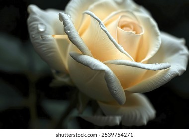 A close-up of a white rose with water droplets on the petals against a dark background - Powered by Shutterstock