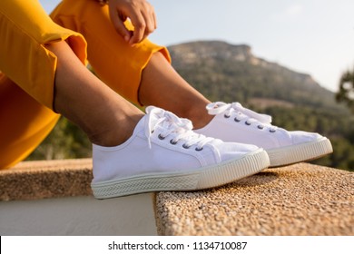 close-up of white sneakers