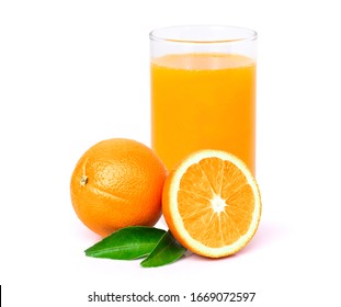 Closeup whole and half ripe fresh organic mandarin orange fruit with green leaf and glass of 100% concentrated orange juice isolated on white background . - Powered by Shutterstock