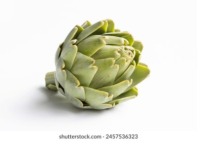 Closeup of a whole head of artichoke (also known by the names French artichoke, green artichoke, and globe artichoke) isolated on a white background.