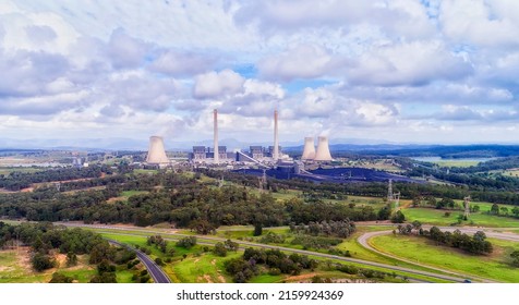 Close-up Wide View Of Bayswater Power Plant Electricity Station In Hunter Valley Of Australia - Aerial Landscape Of Industrial Plant.