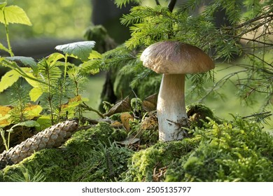 Close-up of wild boletus mushroom growing in lush forest, surrounded by moss and foliage, highlighting nature's beauty and biodiversity in a serene, green woodland environment. - Powered by Shutterstock