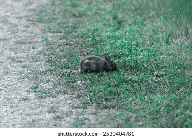 A close-up of a wild rabbit eating grass on the side of a gravel path - Powered by Shutterstock