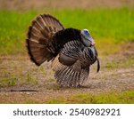 A closeup of a Wild turkey in a lush green on a sunny day